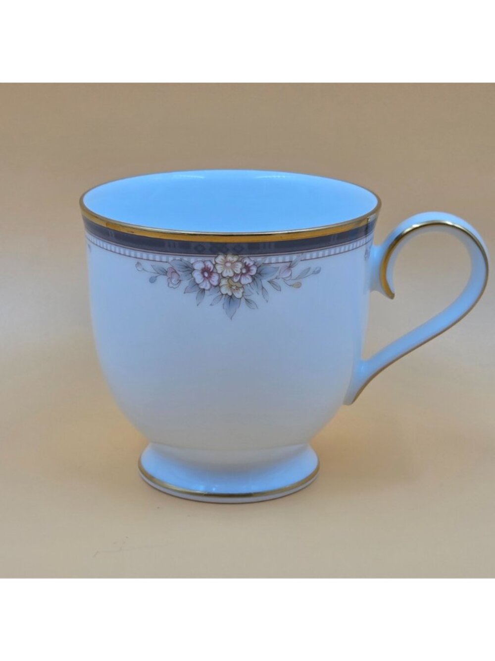 Noritake Ontario Footed Cup and Saucer Set of 3 Blue Gray Band White Pink Flower - Picture 9 of 16